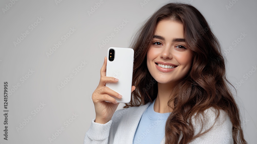 portrait of a young woman holding a white smartphone showing a smile at the camera portrait of a young woman holding a white smartphone showing a smile at the camera