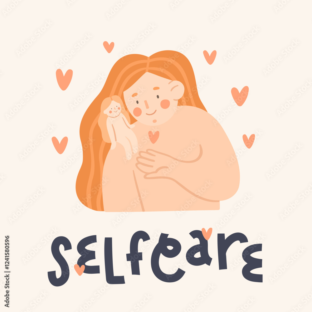 Self care. Woman care about herself. Vector cartoon illustration in flat style. Self care. Woman care about herself. Vector cartoon illustration in flat style.