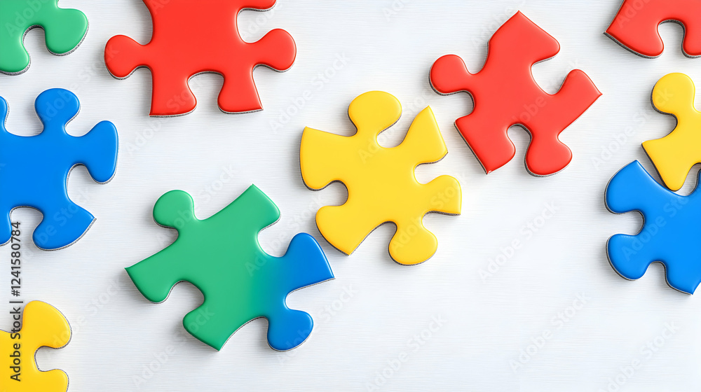 Fototapeta premium Colorful puzzle pieces connecting on white background; teamwork, problem-solving concept; stock photo for websites, presentations