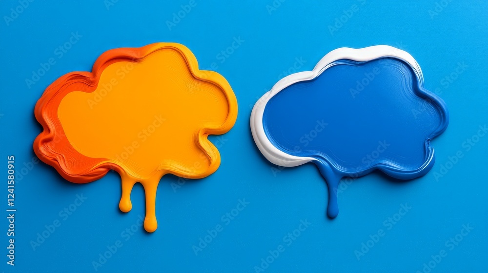 Cloud of Innovation: Two vibrant, dripping clouds in orange and blue, represent the innovative concepts on a blue background, symbolizing dynamic ideas and creative solutions. Cloud of Innovation: Two vibrant, dripping clouds in orange and blue, represent the innovative concepts on a blue background, symbolizing dynamic ideas and creative solutions.