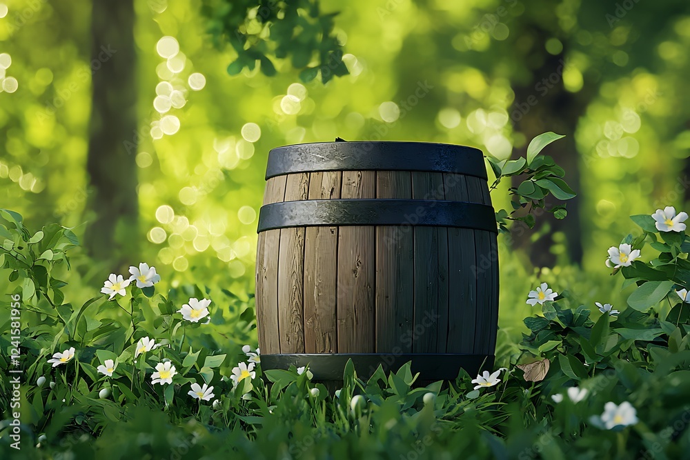 Rustic Wooden Barrel in Spring Meadow Lush Green Forest Background White Flowers Rustic Wooden Barrel in Spring Meadow Lush Green Forest Background White Flowers