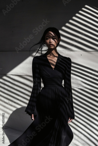 Elegant woman in black pleated dress, sunlight shadows.