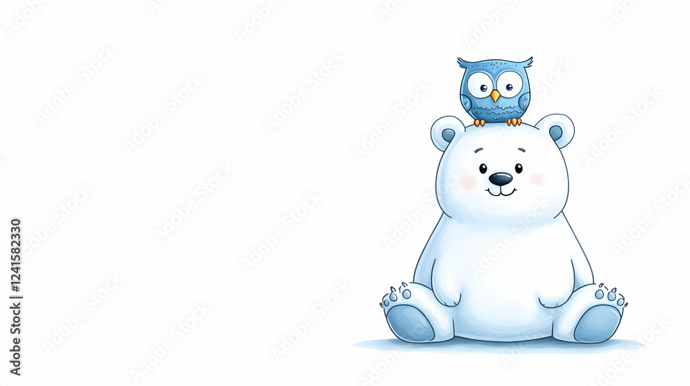 Cute polar bear and owl friends, winter scene, white background, children's book illustration Cute polar bear and owl friends, winter scene, white background, children's book illustration