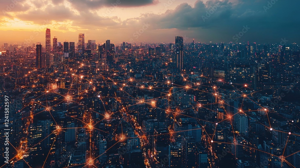Fototapeta premium Illuminated Cityscape: A Network of Connections at Dusk