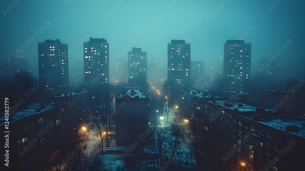 Obraz premium Foggy city night, apartment buildings, winter scene, urban landscape, atmospheric mood