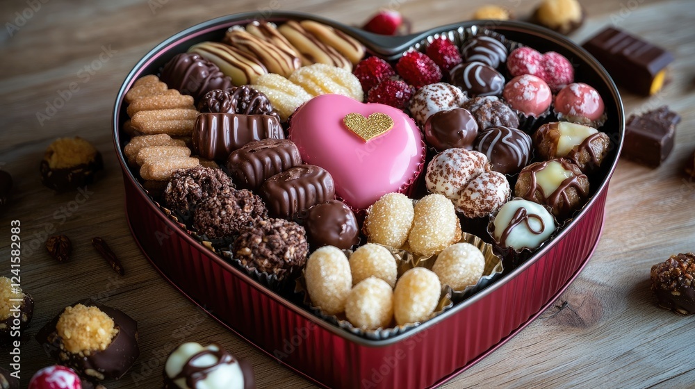 Fototapeta premium A detailed heart-shaped gift tin box filled with gourmet treats such as nougat