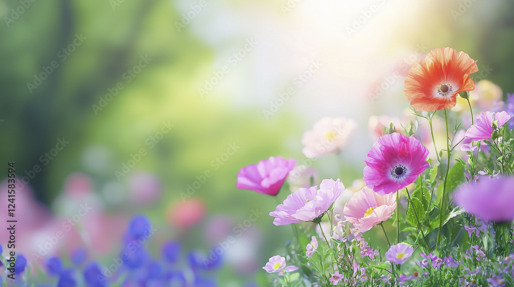 Vibrant flowers in garden with soft sunlight creating serene atmosphere Vibrant flowers in garden with soft sunlight creating serene atmosphere