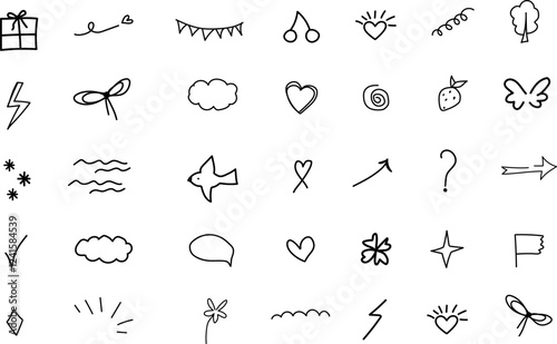 Vector illustration, a set of handwritten drawings with ornaments. Hand-drawn, focus line, attention, star, heart, ribbon, various icons