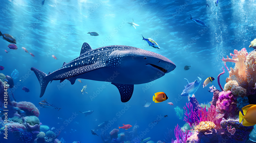 Fototapeta premium Giant Shark Powerfully Navigating the Ocean Depths