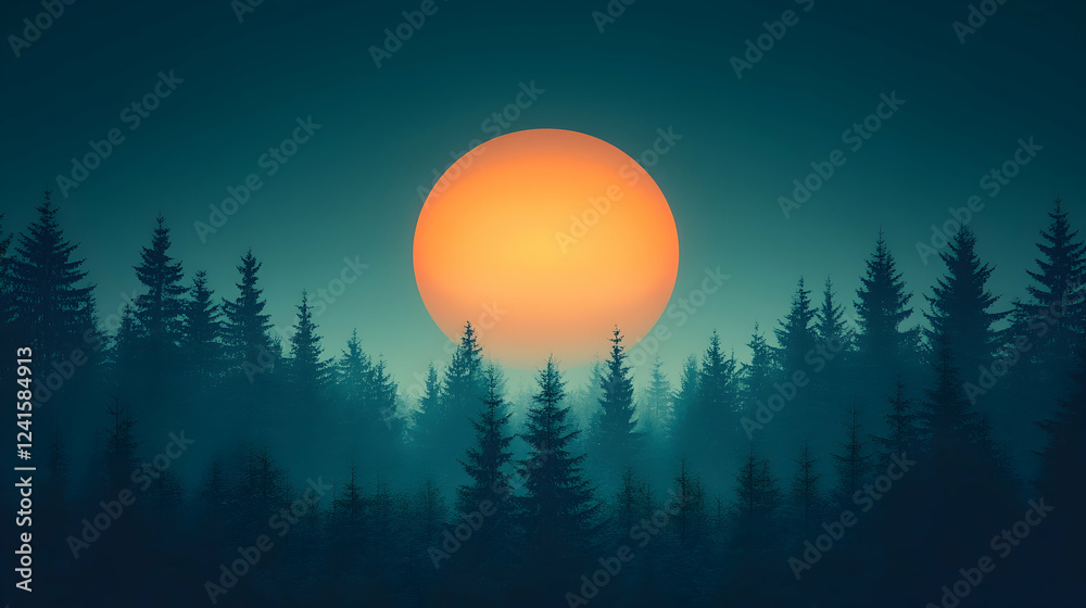 Obraz premium Forest Sunset Orange sun setting behind a dark evergreen forest, misty atmosphere. Ideal for nature backgrounds