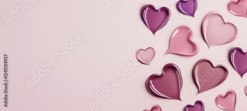 Heart-shaped romantic swatches of lip gloss texture. Saint Valentine make up banner template with space for text. 