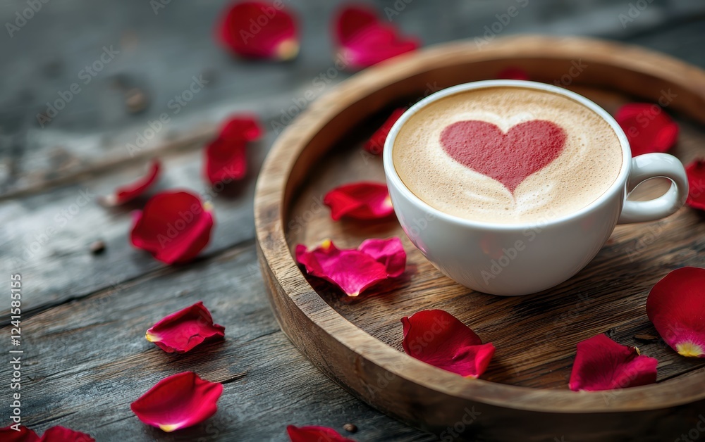Elegant mockup background with space for text decorated with a heart-shaped coffee cup filled with creamy cappuccino, placed on a wooden tray with scattered rose petals for Saint Valentines Day 