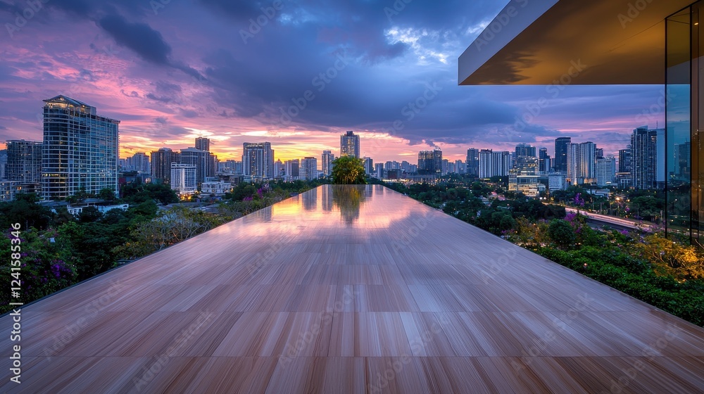 Fototapeta premium Rooftop infinity pool overlooking city sunset