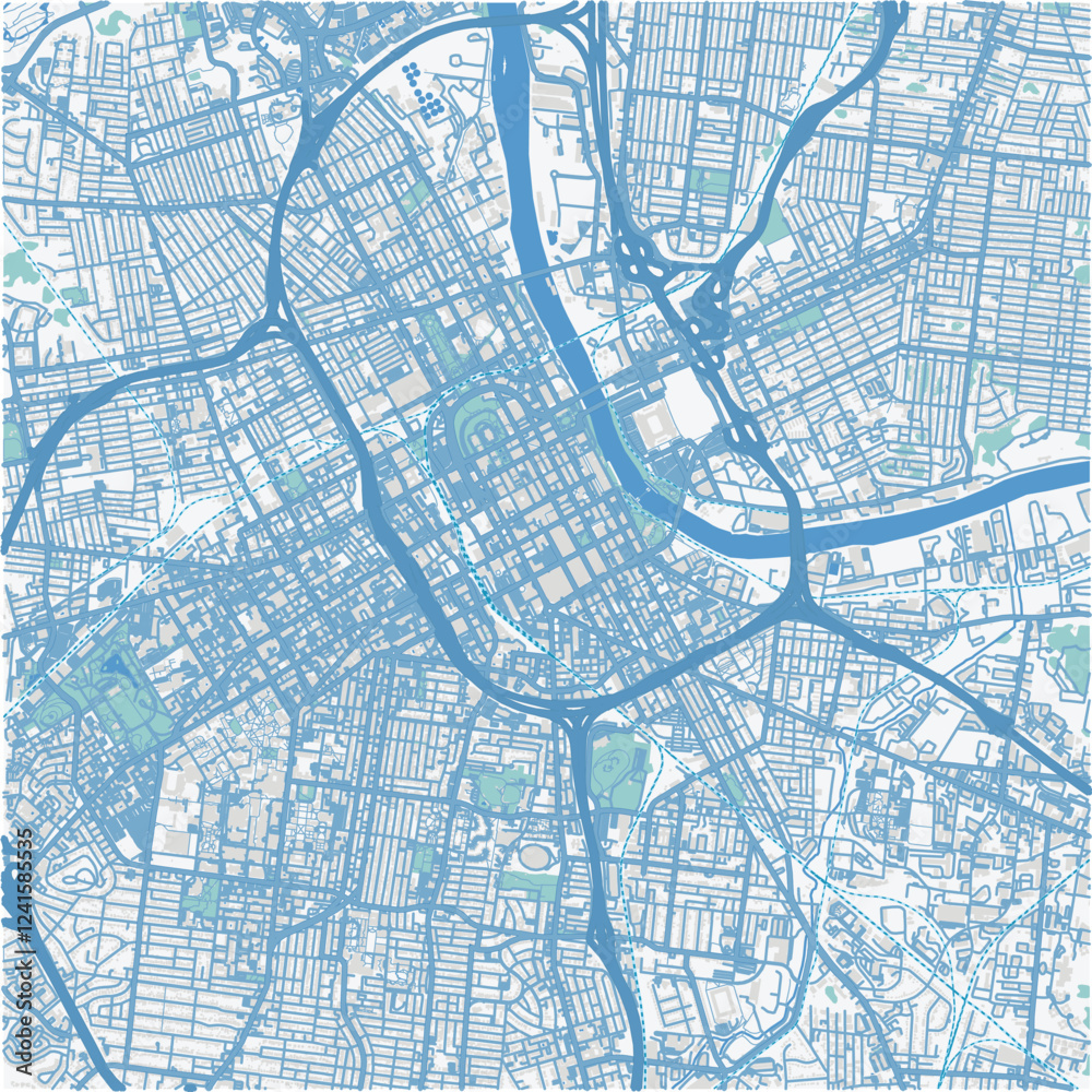 Obraz premium Map of Nashville Center in Tennessee in a professional blue style. Contains layered vector with roads water, parks, etc.