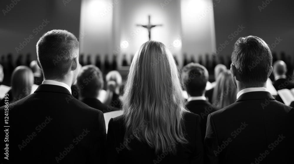 Obraz premium A group of people are standing in a church, with a woman in the middle of them