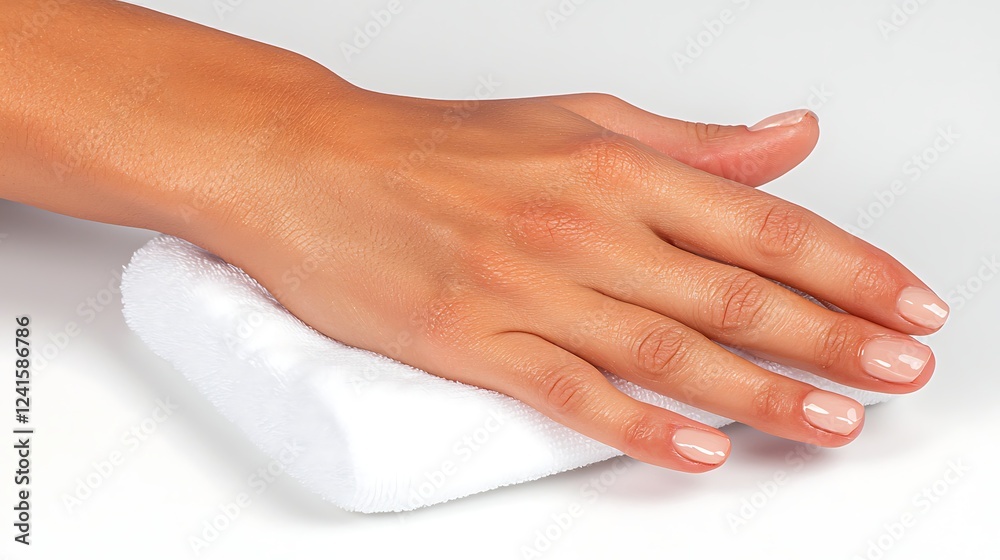 Fototapeta premium Woman's Hand on Soft White Towel with Nude Manicure