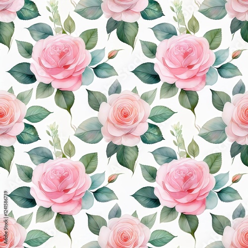 GeneA repeating floral watercolor pattern with delicate roses and green leaves on a white backgroundrated image