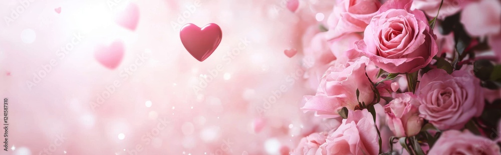 Feminine floral background with a soft-focus effect, blooming roses, and floating heart elements for Saint Valentines Day and 8 March International Womens Day