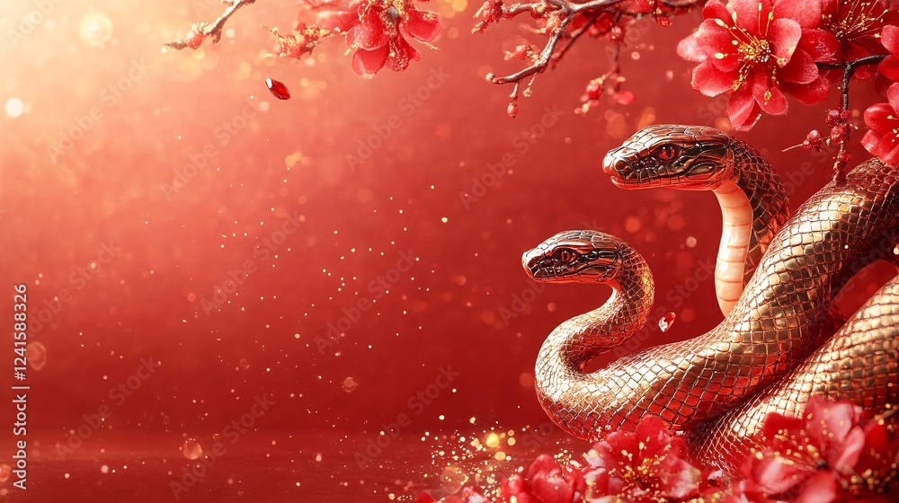 Obraz premium A pair of elegant snakes entwined among vibrant red flowers, set against a warm, glowing background, symbolizing beauty and nature.