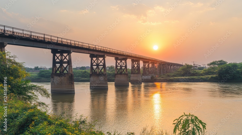 Fototapeta premium Tranquil Sunset Over River with Silhouetted Bridge