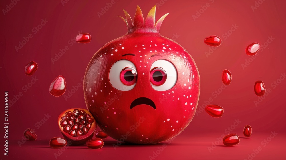 Fototapeta premium Playful cartoon pomegranate with a surprised look, red background with seeds