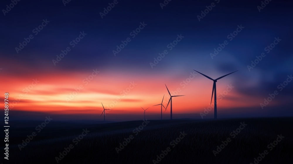 Obraz premium A group of wind turbines are silhouetted against a beautiful sunset