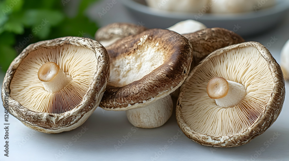 Fresh shiitake mushrooms on kitchen counter, close-up view Fresh shiitake mushrooms on kitchen counter, close-up view