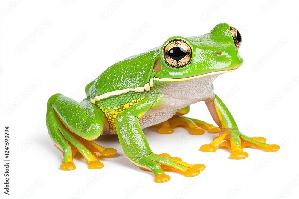 A vibrant green frog sits gracefully against a clean white background. A vibrant green frog sits gracefully against a clean white background.