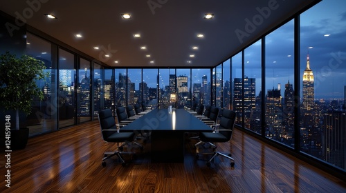 A large conference room with a view of the city skyline