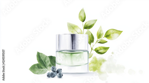 watercolor illustration of skincare cream jar surrounded by green leaves and berries, evoking sense of freshness and natural beauty