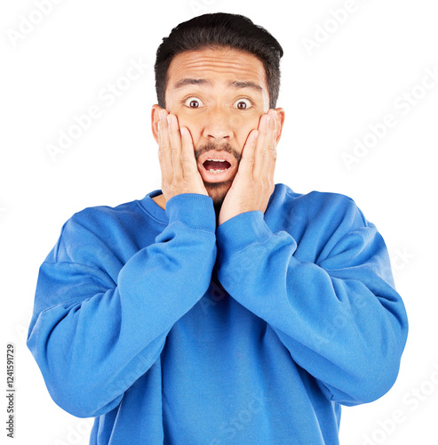 Asian man, portrait and scared with gesture, face or woo for crazy drama, gossip or fear. Male person, expression and horror emoji for omg, wtf or terror on isolated or transparent png background