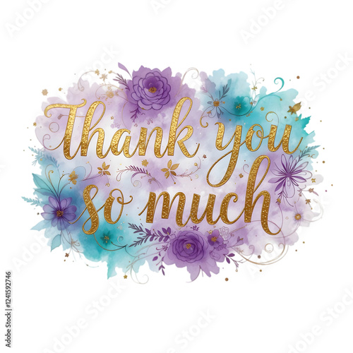 Elegant thank you watercolor floral design gold lettering artistic purple on transparent background