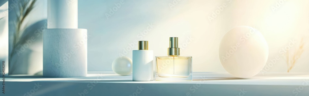 Minimalist luxury mockup background with space for text featuring floating perfume bottles with a soft glowing effect, perfect for beauty, cosmetics, or fragrance branding