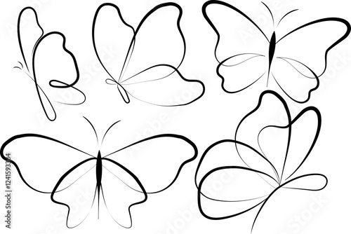 Hand draw butterfly. Black linear butterfly without background. Vector illustration. EPS 10.