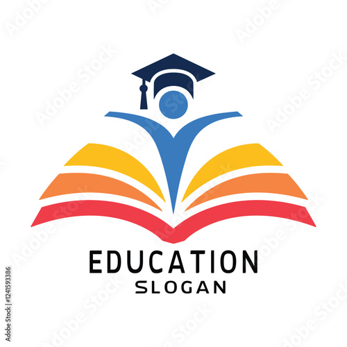 Colorful Education Logo Design with Open Book and Graduation Cap