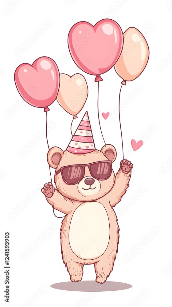A cute brown bear wearing sunglasses and a birthday hat, floating with heart-shaped balloons
A cute brown bear wearing sunglasses and a birthday hat, floating with heart-shaped balloons