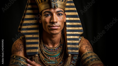 Regal pharaoh on throne  a majestic low perspective emphasizing gold and brown elegance