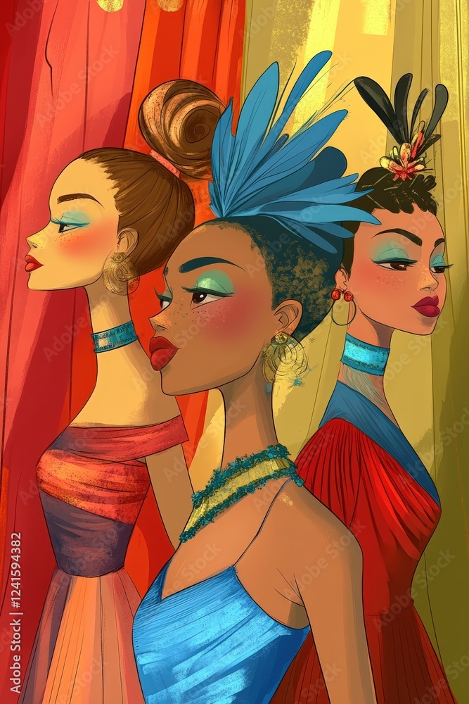 Obraz premium Three stylish women showcasing vibrant fashion and bold hairstyles