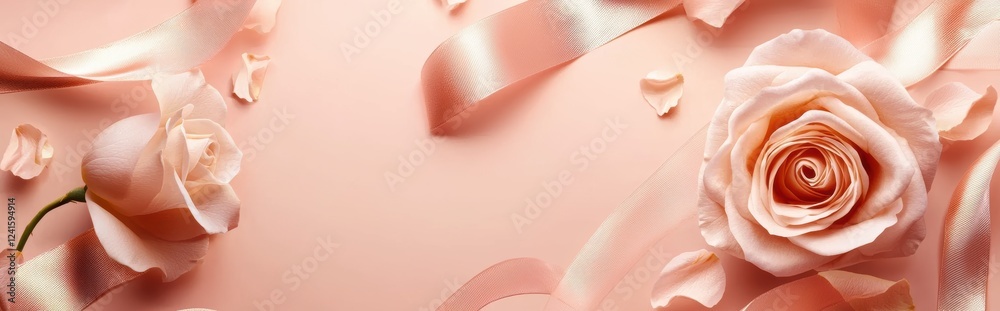 A soft pastel peach background with floating roses, silk ribbons, and elegant golden typography frame, beautiful and chic mockup for Saint Valentines Day and 8 March A soft pastel peach background with floating roses, silk ribbons, and elegant golden typography frame, beautiful and chic mockup for Saint Valentines Day and 8 March