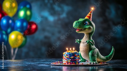 Fototapeta Naklejka Na Ścianę i Meble -  toy dinosaur at a birthday party with birthday cakes