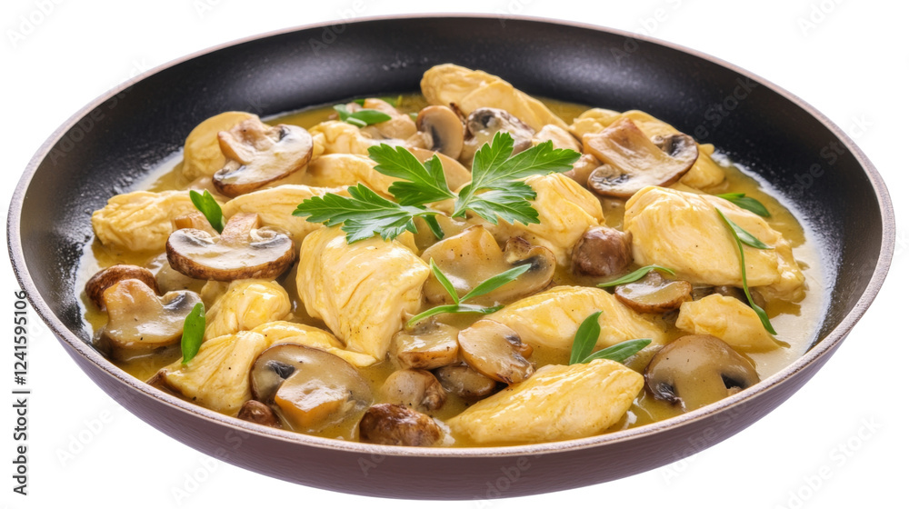 Chicken and mushroom fricassee cooking in a pan with transparent background Chicken and mushroom fricassee cooking in a pan with transparent background