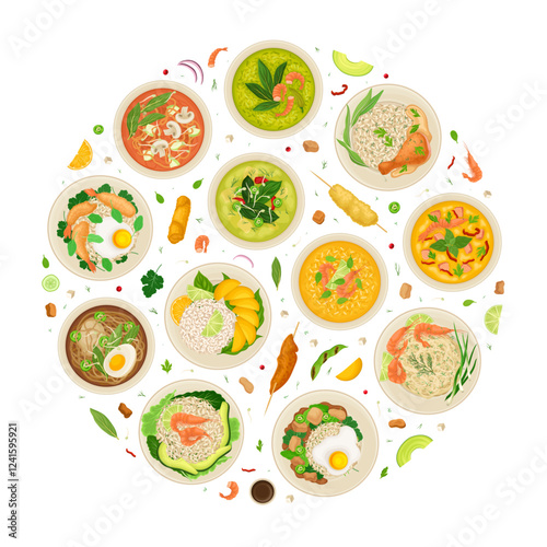 Thai Food Round Composition Design with Tasty Served Meal Vector Template