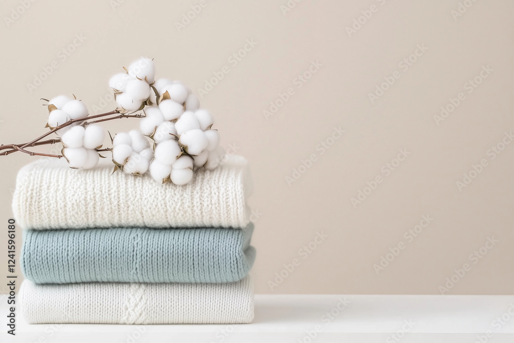 Cotton branch on stacked sweaters in neutral colors. Cozy sweaters with cotton decor. Stack of sweaters Cotton branch on stacked sweaters in neutral colors. Cozy sweaters with cotton decor. Stack of sweaters