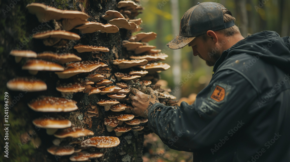 Fototapeta premium man foraging wild mushrooms in forest 