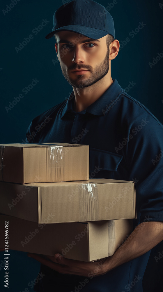 Delivery man in dark blue uniform holding boxes and documents. Courier order, worldwide shipping Delivery man in dark blue uniform holding boxes and documents. Courier order, worldwide shipping