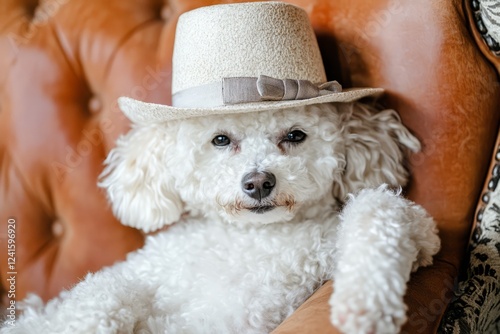 Cool white poodle or lapdog in a hat sits in a leather chair photo