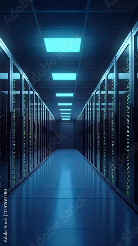 Futuristic server room with glowing blue lights and sleek design.