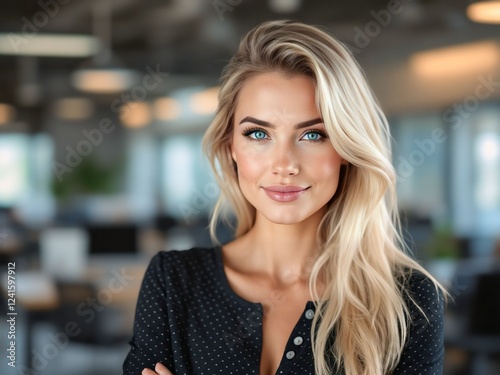 Wallpaper Mural Elegant blonde businesswoman in a stylish polka dot top, smiling confidently in a modern office. Professional portrait with blurred background. Leadership and corporate success concept. Torontodigital.ca