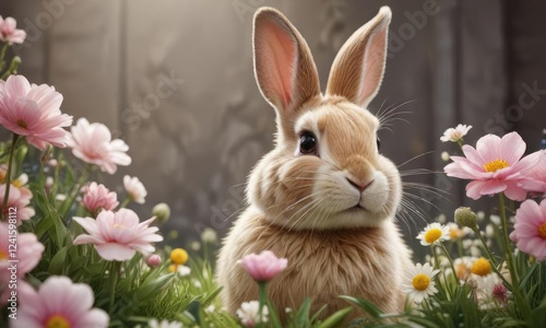 Elegant Easter bunny peeking from behind a blooming flower, easter bunny, soft colors, easter eggs photo