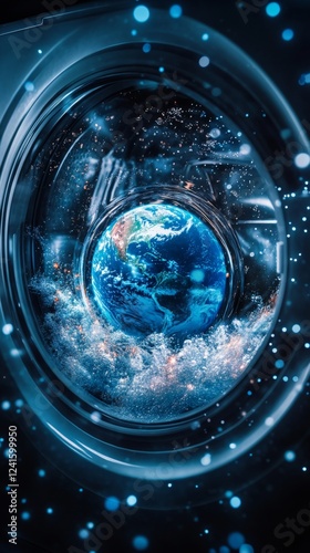 A surreal depiction of Earth inside a washing machine photo